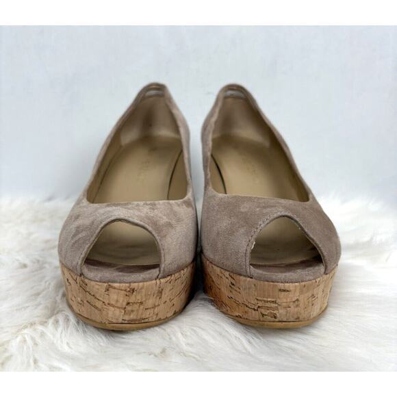 Stuart Weitzman Anna Peep Toe Suede Wedges 8 Brown Slip On Cork Platform Pumps - Picture 3 of 11